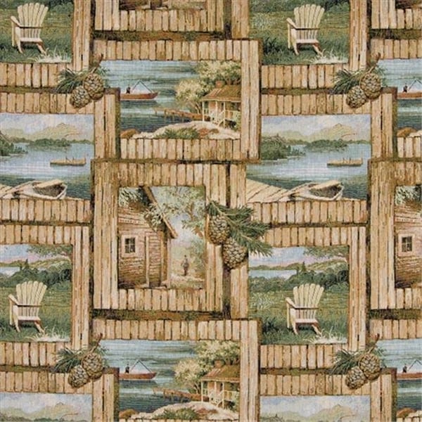 Designer Fabrics A002 54 in. Wide ; Cabin Scene With Fishing Boat; Chair And Acorns; Themed Tapestry Upholstery Fabric A002 - main